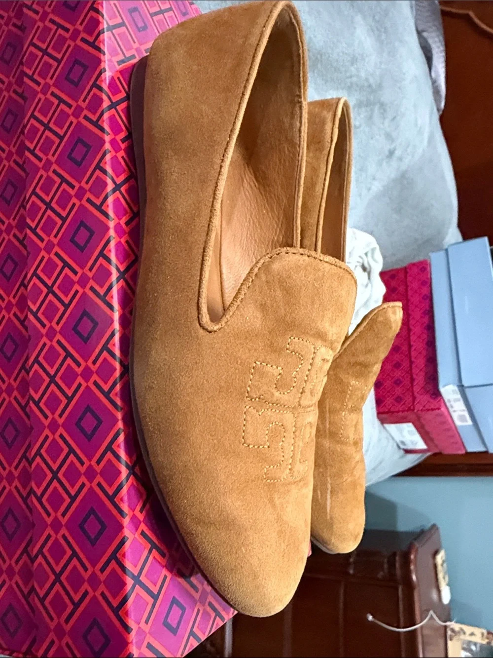 Tory Burch Camel Suede Slip-On Smoking Slipper